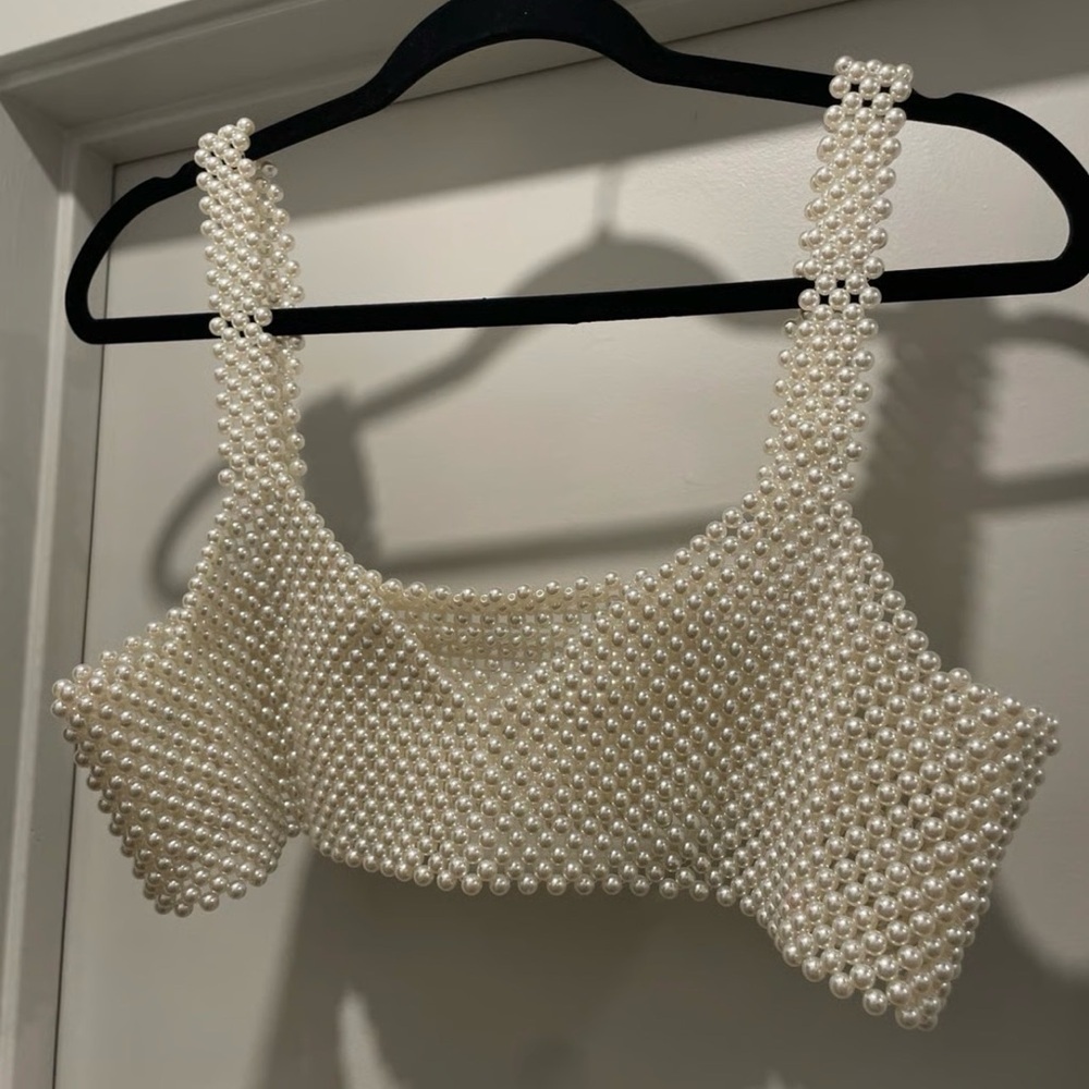 Pearl-Embellished White Crop Top - Picture 2 of 3